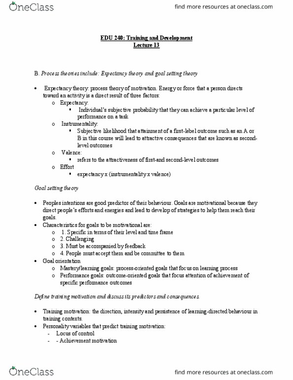 EDUC 240 Lecture Notes - Lecture 13: Goal Setting, Expectancy Theory, Goal Orientation thumbnail