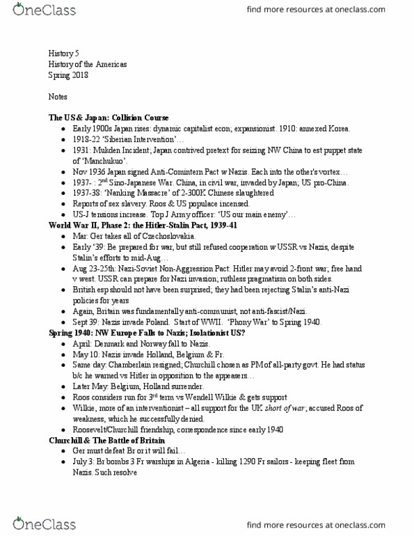 HISTORY 5 Lecture Notes - Lecture 23: Wendell Willkie, Nanking Massacre, Mukden Incident thumbnail