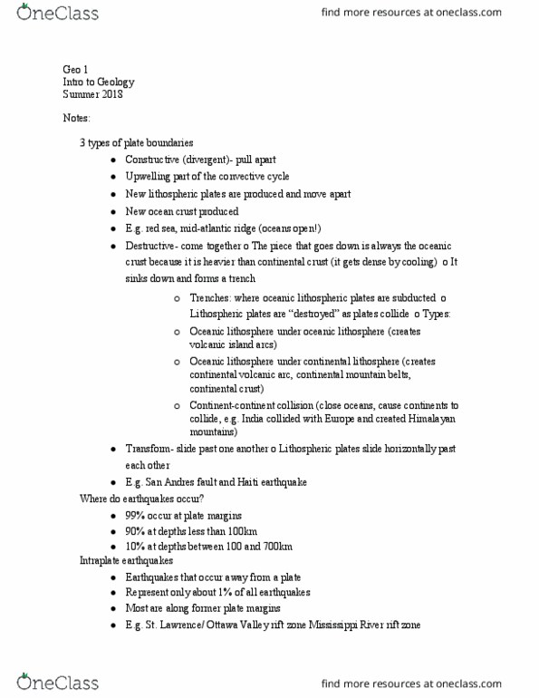 GEOLOGY 1 Lecture Notes - Lecture 13: Continental Crust, Volcanic Arc, Oceanic Crust thumbnail