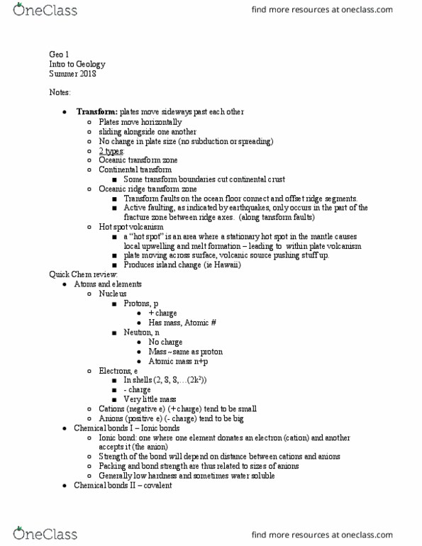 GEOLOGY 1 Lecture Notes - Lecture 20: Mid-Ocean Ridge, Continental Crust, Fracture Zone thumbnail