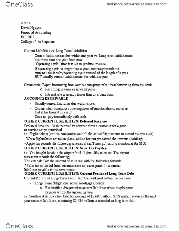 ACCT 001 Lecture Notes - Lecture 5: Southwest Airlines, Deferred Income, Current Liability thumbnail