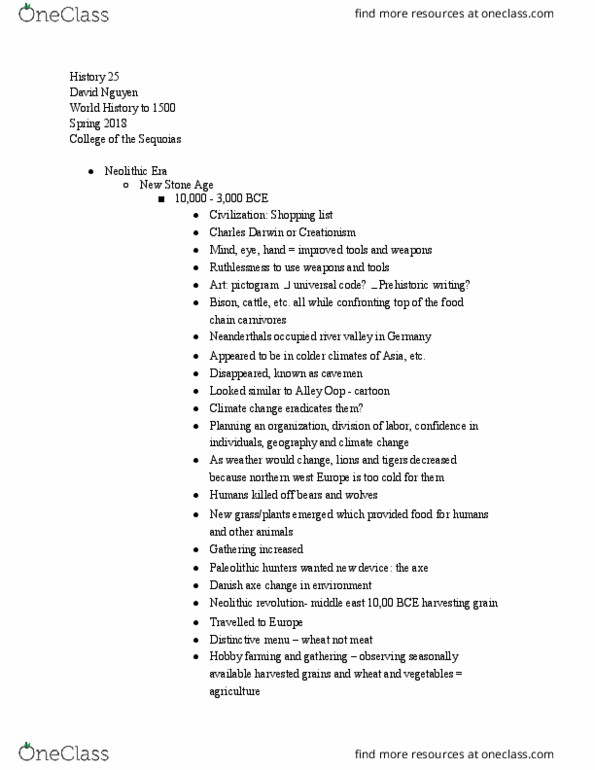 HIST 025 Lecture Notes - Lecture 2: Neolithic, Dane Axe, Caveman thumbnail