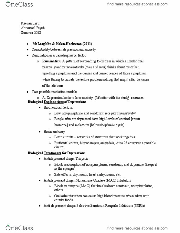 PSY-35 Lecture Notes - Lecture 18: Monoamine Oxidase Inhibitor, Prefrontal Cortex, Xerostomia thumbnail