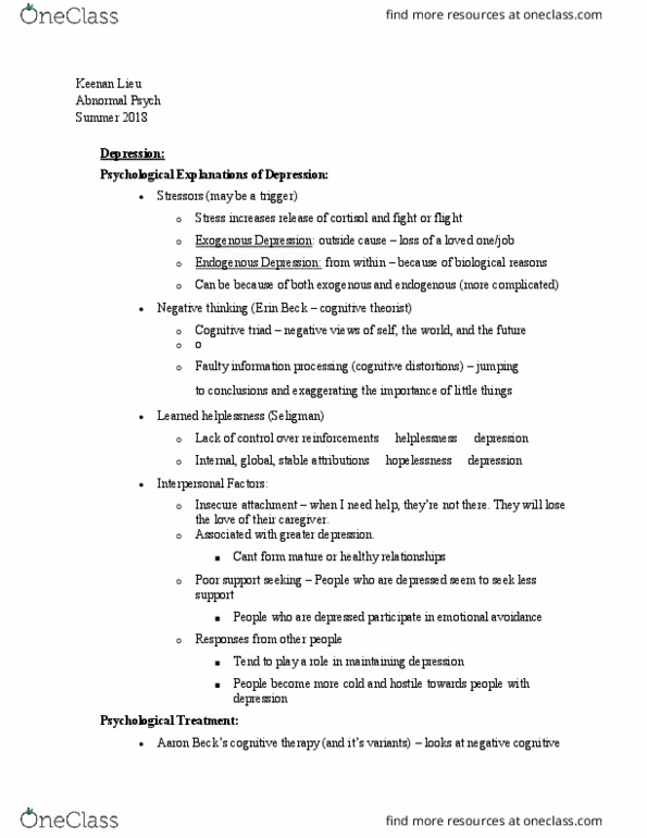 PSY-35 Lecture Notes - Lecture 17: Learned Helplessness, Cognitive Therapy, Cortisol thumbnail