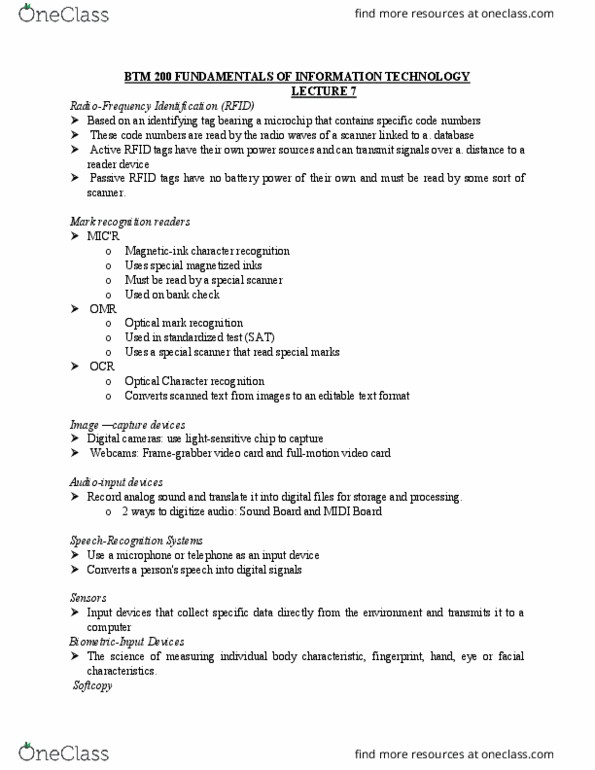 BTM 200 Lecture Notes - Lecture 7: Optical Mark Recognition, Radio-Frequency Identification, Input Device thumbnail