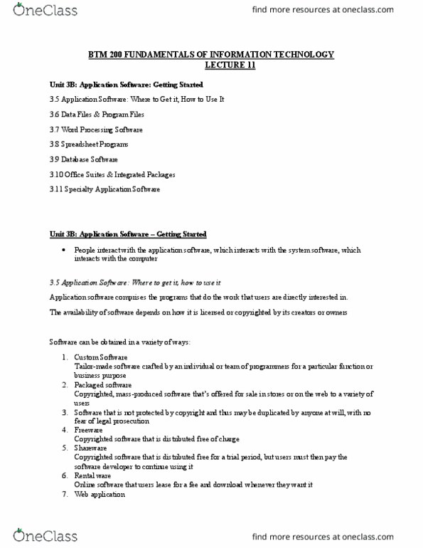 BTM 200 Lecture Notes - Lecture 11: Application Software, Shareware, Freeware thumbnail