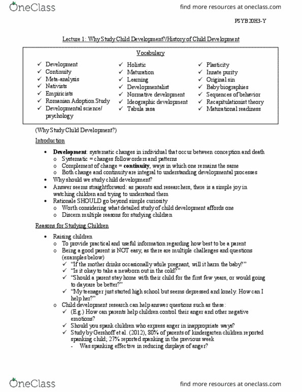 PSYB20H3 Lecture Notes - Lecture 1: Tabula Rasa, Child Development, Original Sin thumbnail