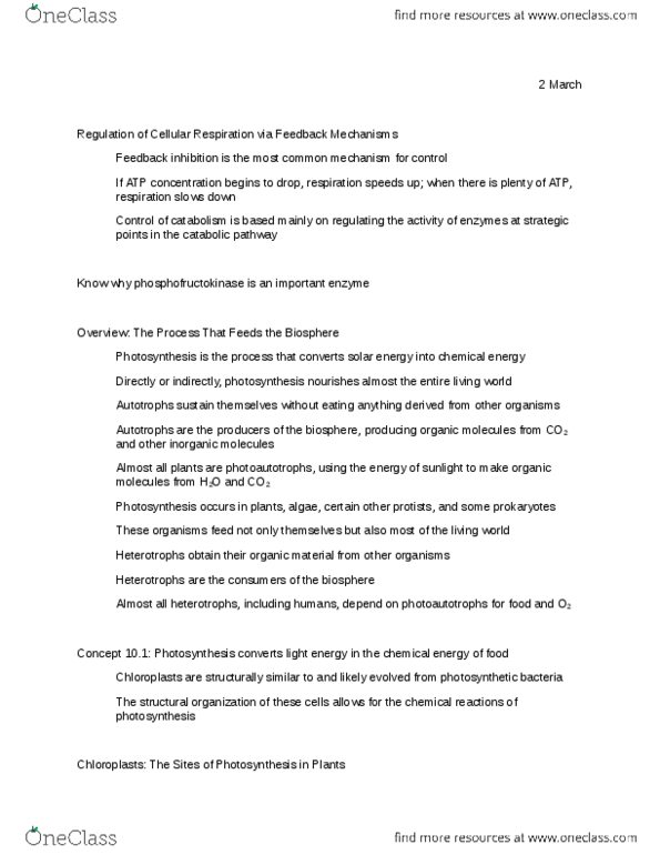 LIFE 102 Lecture Notes - Light-Dependent Reactions, Chloroplast, Phosphofructokinase thumbnail