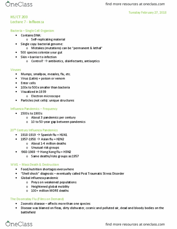 HS203 Lecture Notes - Lecture 7: Posttraumatic Stress Disorder, 1918 Flu Pandemic, Influenza A Virus Subtype H2N2 thumbnail