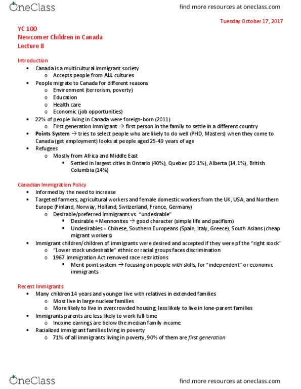 YC100 Lecture Notes - Lecture 8: Median Income, Refugee Children, Visible Minority thumbnail