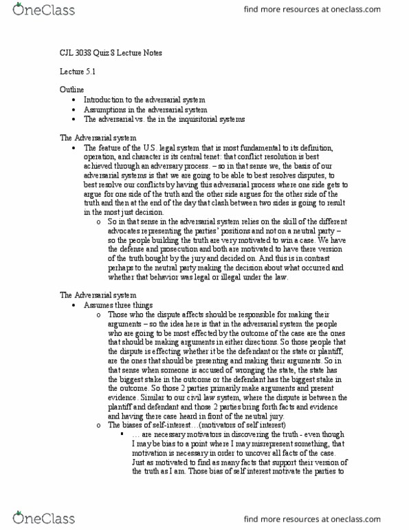 CJL 3038 Lecture Notes - Lecture 5: Neutral Party, Examining Magistrate, Adversarial System thumbnail