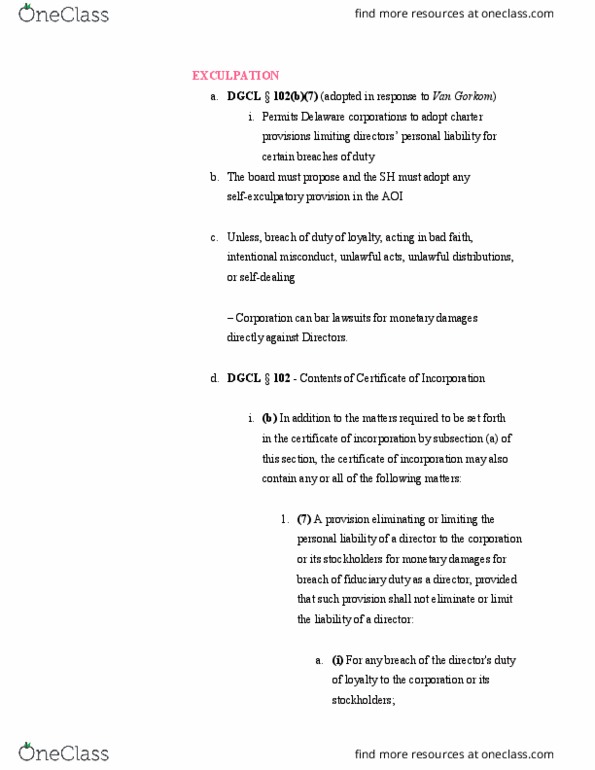 LAW 633 Lecture Notes - Lecture 40: Delaware General Corporation Law, Fiduciary, Nolo Contendere thumbnail