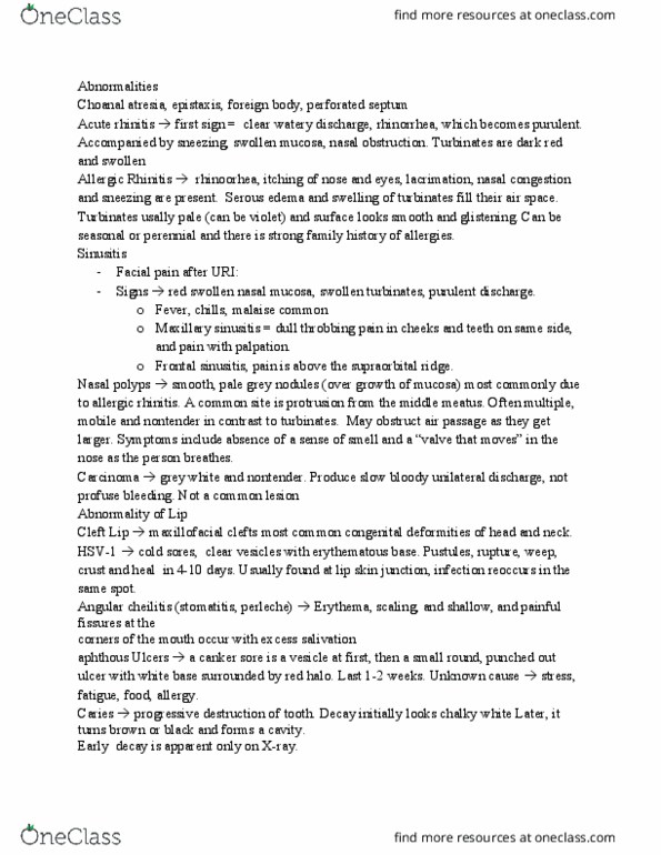NATS 1540 Lecture Notes - Lecture 33: Choanal Atresia, Angular Cheilitis, Allergic Rhinitis thumbnail