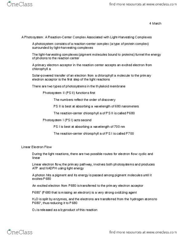 LIFE 102 Lecture Notes - Light-Independent Reactions, Photosystem Ii, Photosynthetic Reaction Centre thumbnail