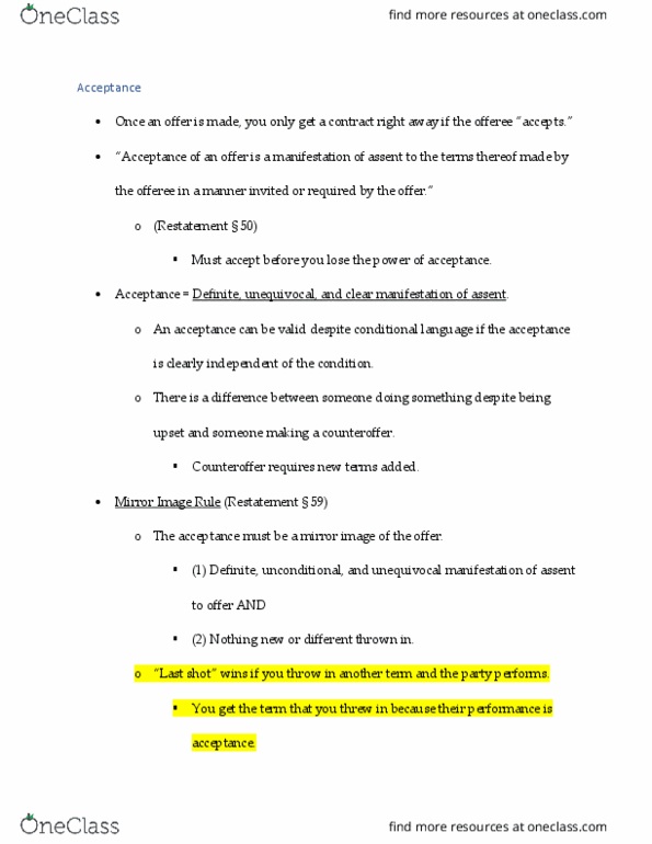 LAW 601 Lecture Notes - Lecture 10: Meeting Of The Minds, Implied Warranty thumbnail