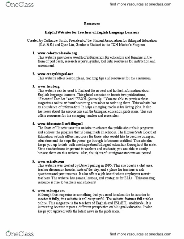 TCH 320 Lecture Notes - Tesol Quarterly, Linlin, Bilingual Education thumbnail