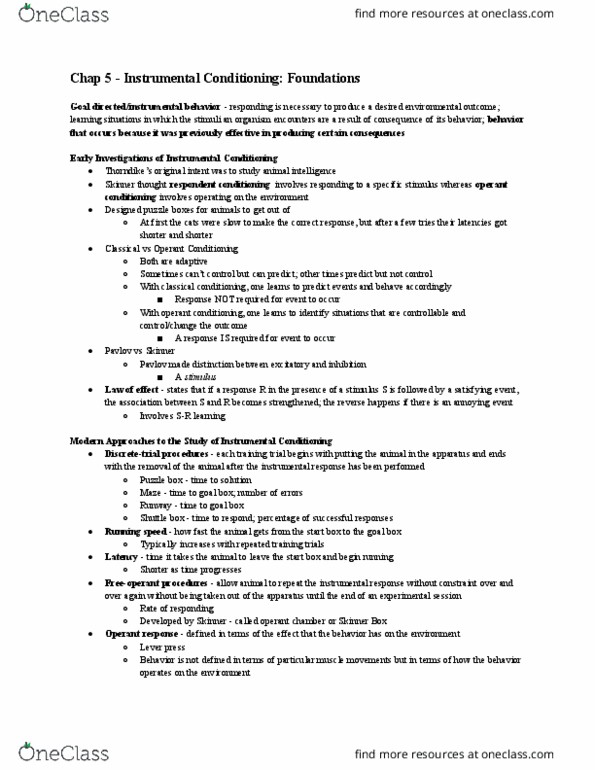 PSY 220 Chapter Notes - Chapter 5: Puzzle Box, Animal Cognition, Operant Conditioning Chamber thumbnail