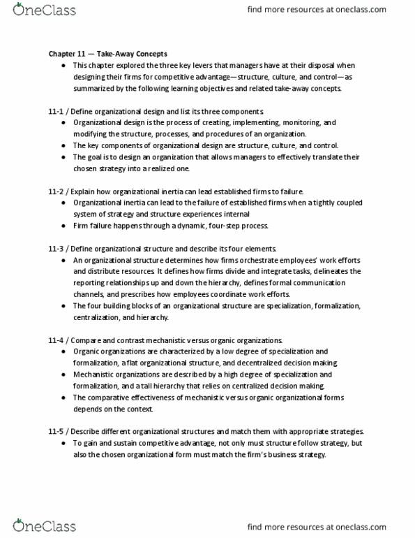 MGT 3659 Chapter Notes - Chapter 11: Organizational Ecology, Organizational Structure, Organizational Culture thumbnail