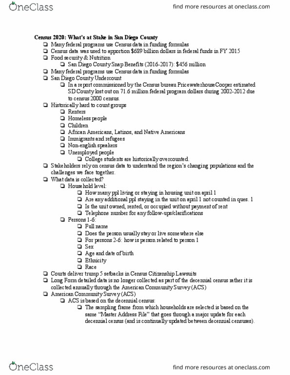 SOCI 130 Lecture Notes - Lecture 2: Bilingual Education, American Community Survey, Sampling Frame thumbnail