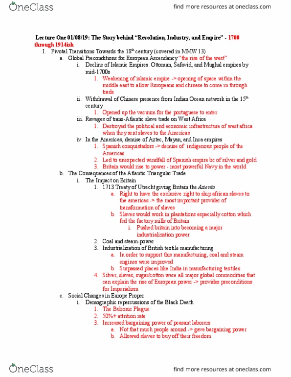 MMW 14 Lecture Notes - Lecture 1: Triangular Trade, Bubonic Plague, Asiento thumbnail