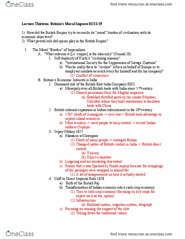 MMW 14 Lecture Notes - Lecture 13: Indian Rebellion Of 1857, Cash Crop, Aurangzeb thumbnail