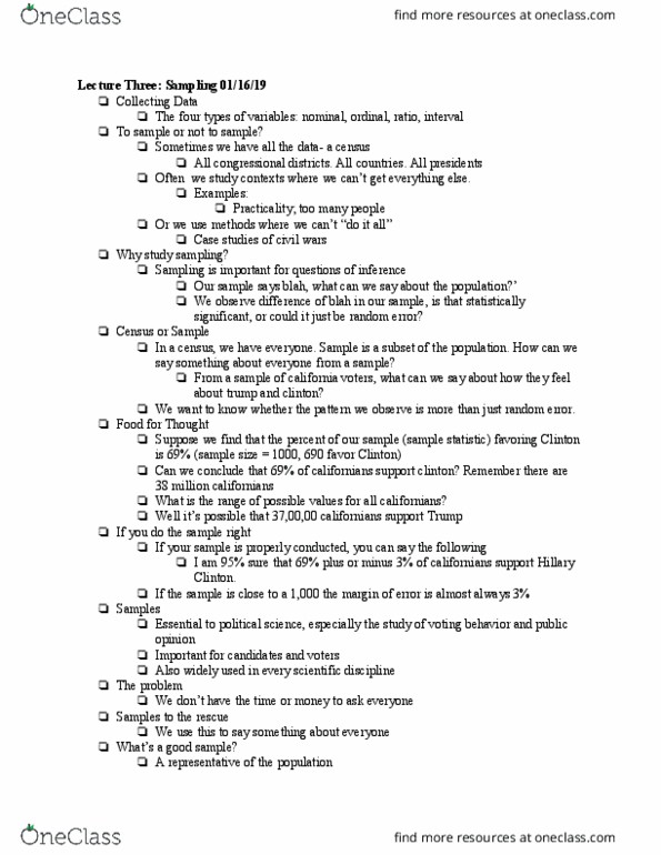POLI 30 Lecture Notes - Lecture 3: Statistic, Observational Error, Push Poll thumbnail