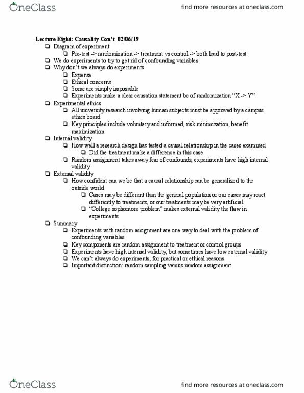 POLI 30 Lecture Notes - Lecture 8: Random Assignment, External Validity, Internal Validity thumbnail