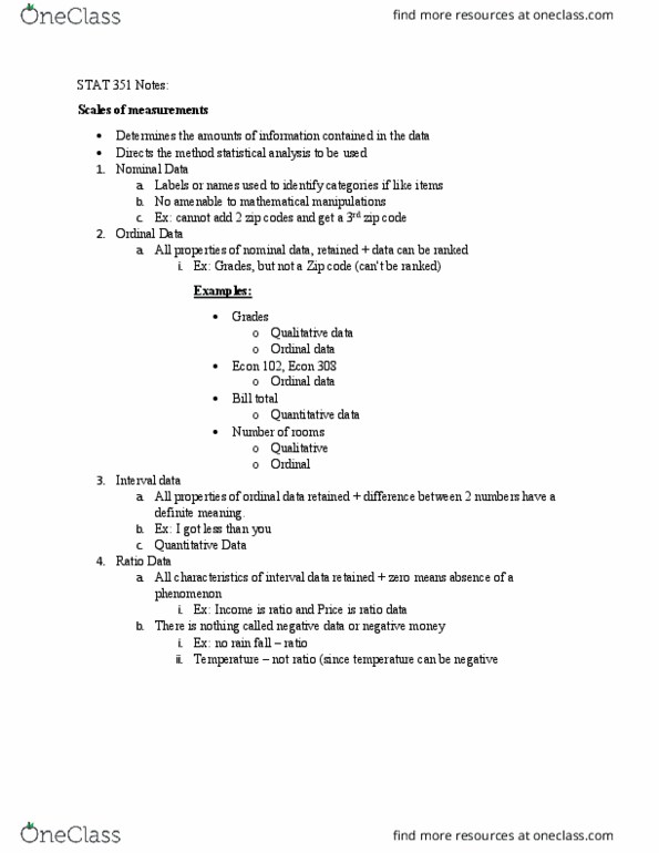 STAT 351 Lecture Notes - Lecture 3: Zip Code, Level Of Measurement, Qualitative Property thumbnail