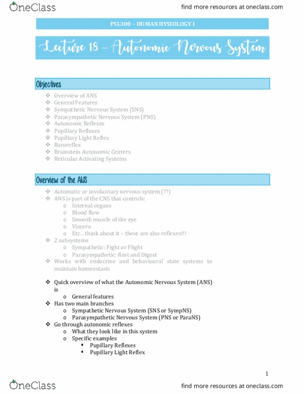 PSL300H1 Lecture Notes - Lecture 18: Autonomic Nervous System, Baroreflex, Smooth Muscle Tissue thumbnail