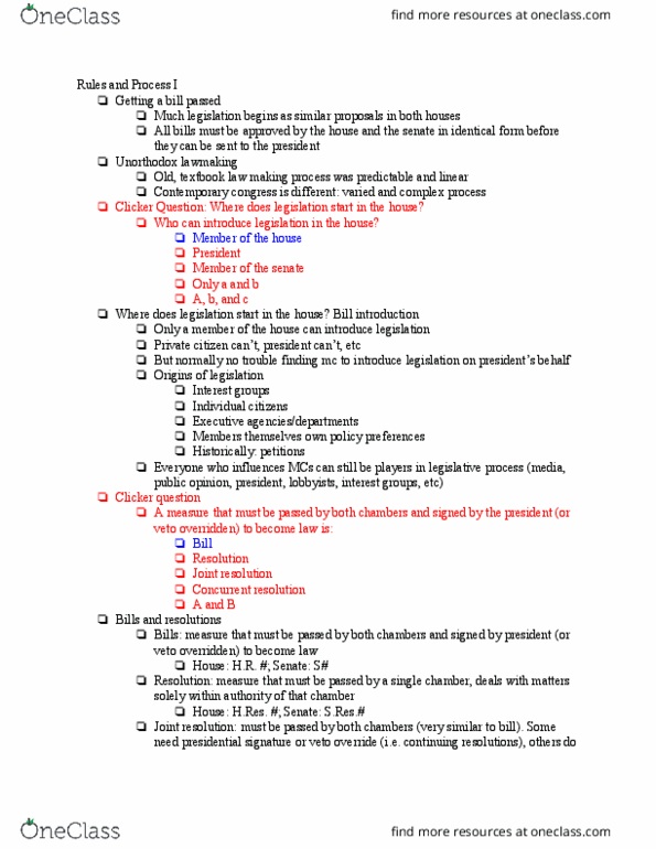 POLI 100B Lecture Notes - Lecture 10: Joint Resolution, Concurrent Resolution, Authorization Bill thumbnail