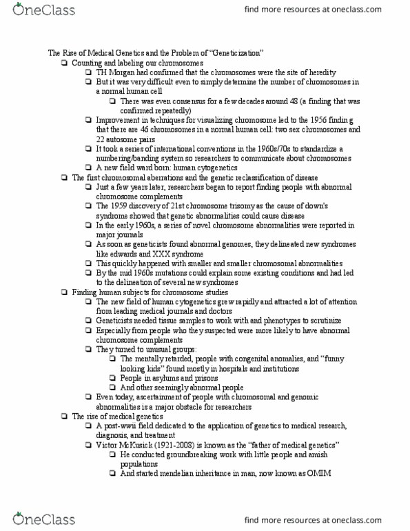 SOCI 138 Lecture Notes - Lecture 5: Newborn Screening, Online Mendelian Inheritance In Man, Chromosome Abnormality thumbnail