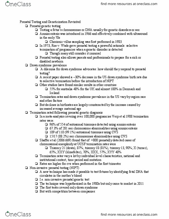 SOCI 138 Lecture Notes - Lecture 9: Chorionic Villus Sampling, Termination Rates, Prenatal Diagnosis thumbnail