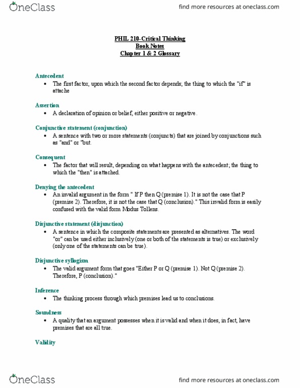 PHIL 210 Chapter Notes - Chapter 1-2: Modus Tollens, Disjunctive Syllogism, Logical Form thumbnail