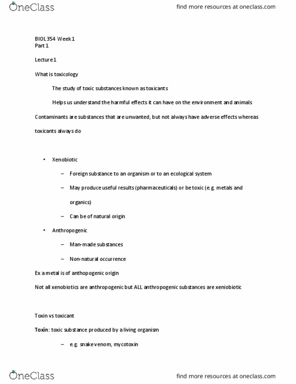 BIOL354 Lecture Notes - Lecture 1: Xenobiotic, Mycotoxin, Toxicant thumbnail