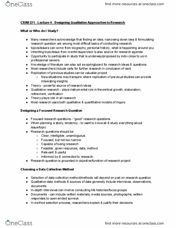 CRIM 321 Lecture Notes - Lecture 4: Qualitative Property, Research Question, Snowball Sampling thumbnail