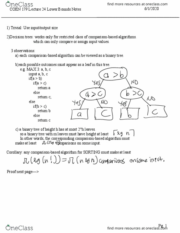 COEN 179 Lecture Notes - Lecture 24: Binary Tree, Merge Sort thumbnail