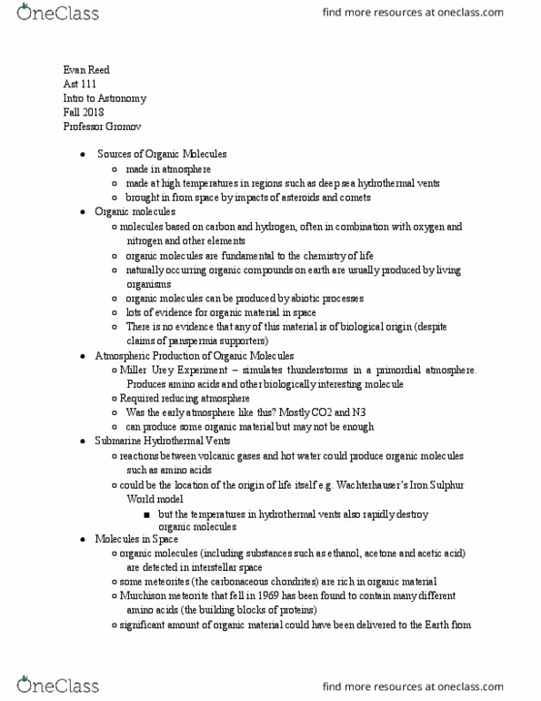 AST 111 Lecture Notes - Lecture 23: Murchison Meteorite, Panspermia, Reducing Atmosphere thumbnail