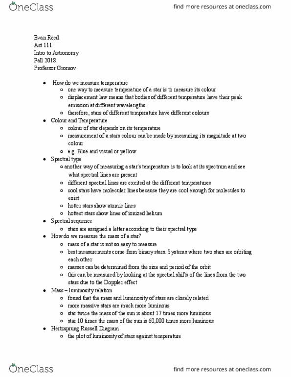 AST 111 Lecture Notes - Lecture 28: Spectral Sequence, Main Sequence, Star Cluster thumbnail