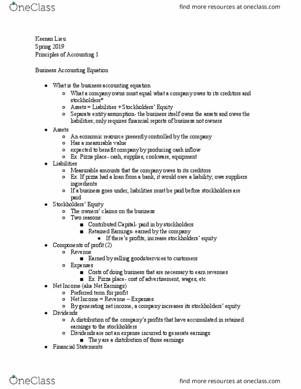 ACC-1A Chapter Notes - Chapter 1: Retained Earnings, Accounting Equation, Income Statement thumbnail