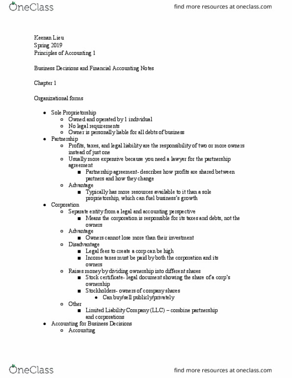 ACC-1A Chapter Notes - Chapter 1: Limited Liability Company, Sole Proprietorship, Stock Certificate thumbnail