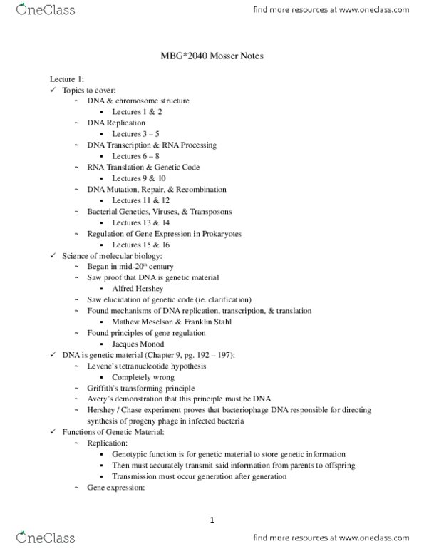 MBG 2040 Chapter Notes -Precursor Mrna, Cytosine, Brca2 thumbnail