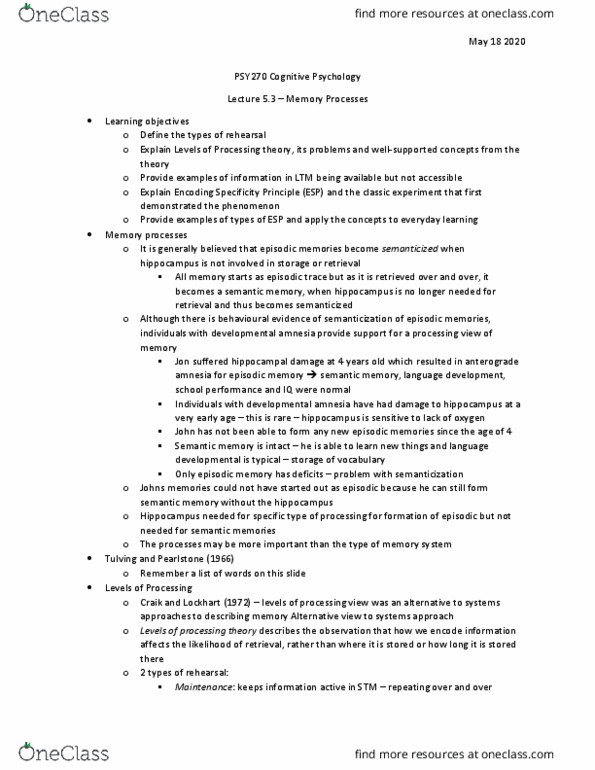 PSY270H5 Lecture Notes - Lecture 5: Anterograde Amnesia, Semantic Memory, Episodic Memory thumbnail