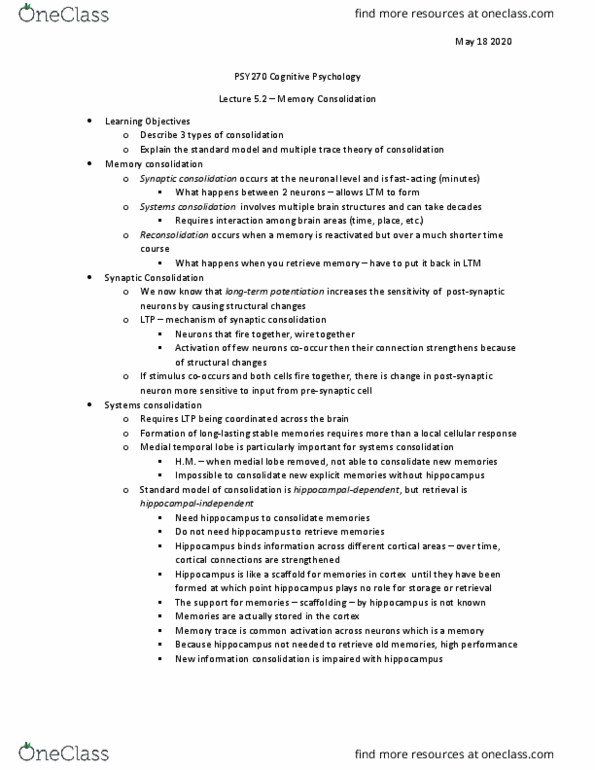 PSY270H5 Lecture Notes - Lecture 5: Synapse, Memory Consolidation, Temporal Lobe thumbnail