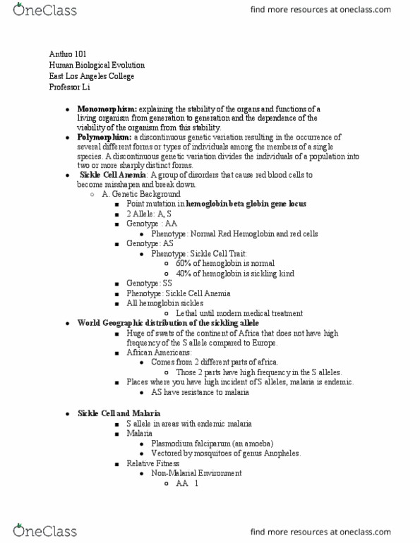 ANTHRO 101 Lecture Notes - Lecture 9: East Los Angeles College, Sickle-Cell Disease, Hbb thumbnail