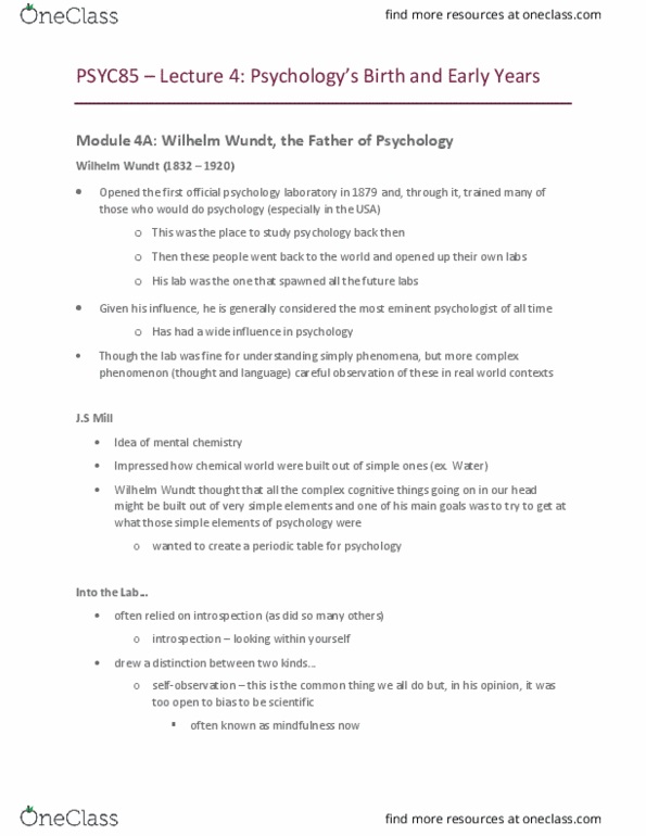 PSYC85H3 Lecture Notes - Lecture 4: Wilhelm Wundt, Mary Whiton Calkins, Natural Rubber thumbnail