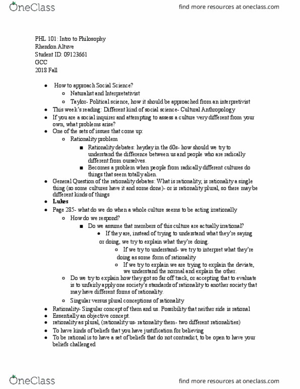 PHL * K101 Lecture Notes - Lecture 17: Rationality thumbnail