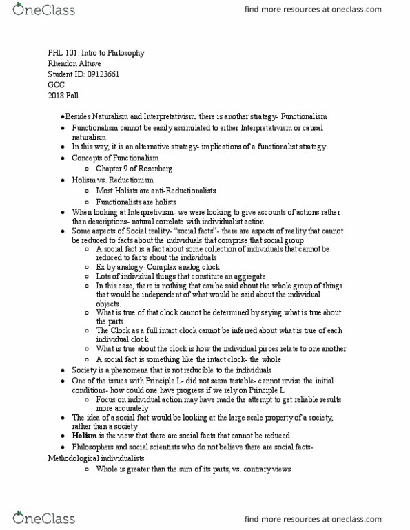 PHL * K101 Lecture Notes - Lecture 21: Social Fact, Antipositivism, Reductionism thumbnail