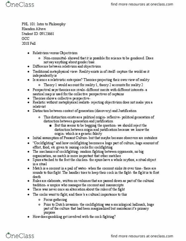 PHL * K101 Lecture Notes - Lecture 29: Cockfight, Nautical Chart, Relativism thumbnail