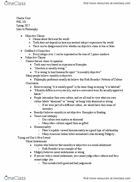 PHL 101 Lecture Notes - Lecture 2: Catalepsy, Cross-Dressing thumbnail