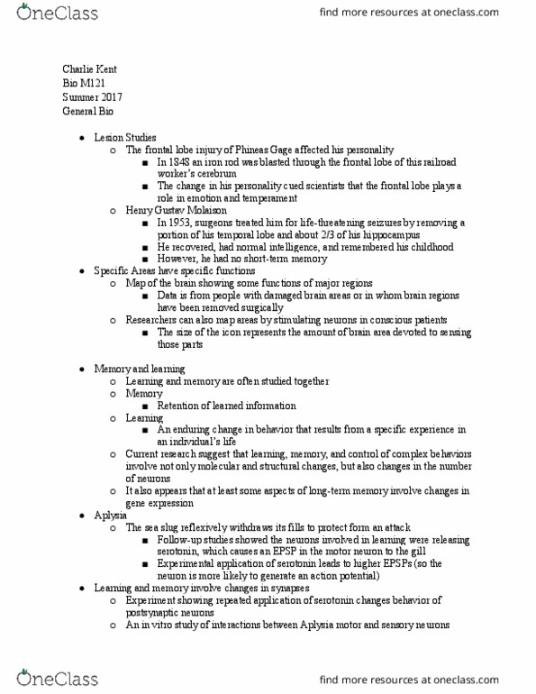 BIO* - Biology BIO* M121 Lecture Notes - Lecture 9: Henry Molaison, Phineas Gage, Frontal Lobe thumbnail